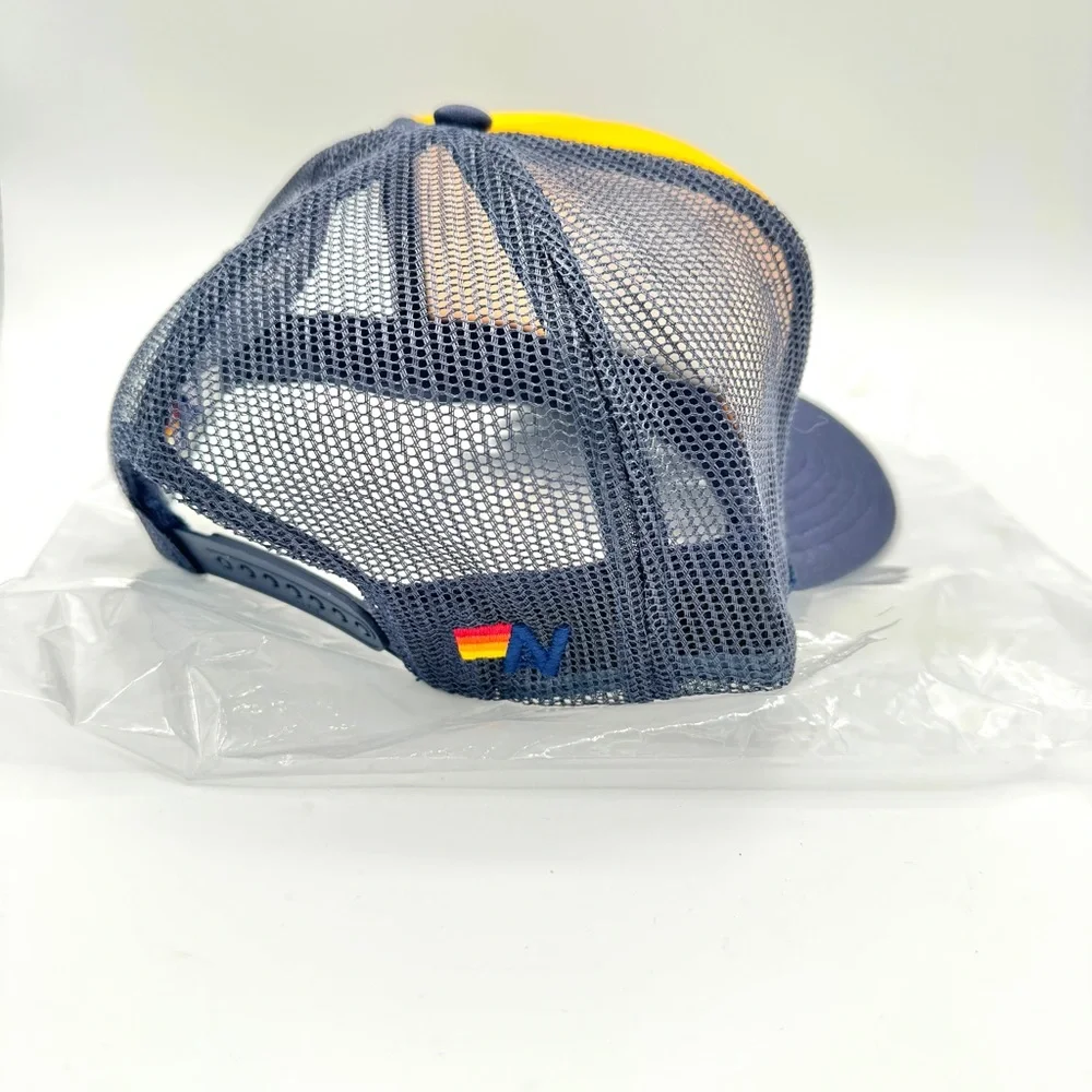 NWT Aviator Nation Aspen Palm Tree Festival Trucker Hat Gold / Navy Blue, Unisex